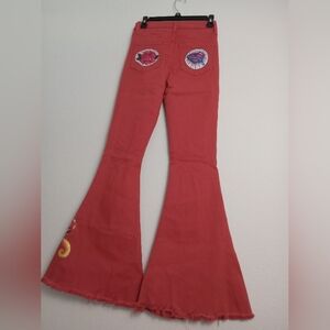 Zara Red Flared Jeans with Embroidered Patches